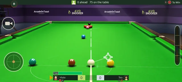 An AvoSnooker frame at the Avo: the cue ball lined up behind the reds, the scoreboard at the bottom.