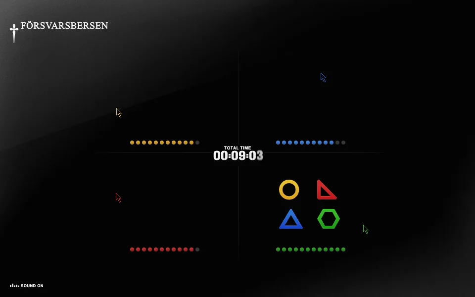 Försvarsbersen mid-test: four quadrants with health bars and a memory puzzle, the team clock in the middle.