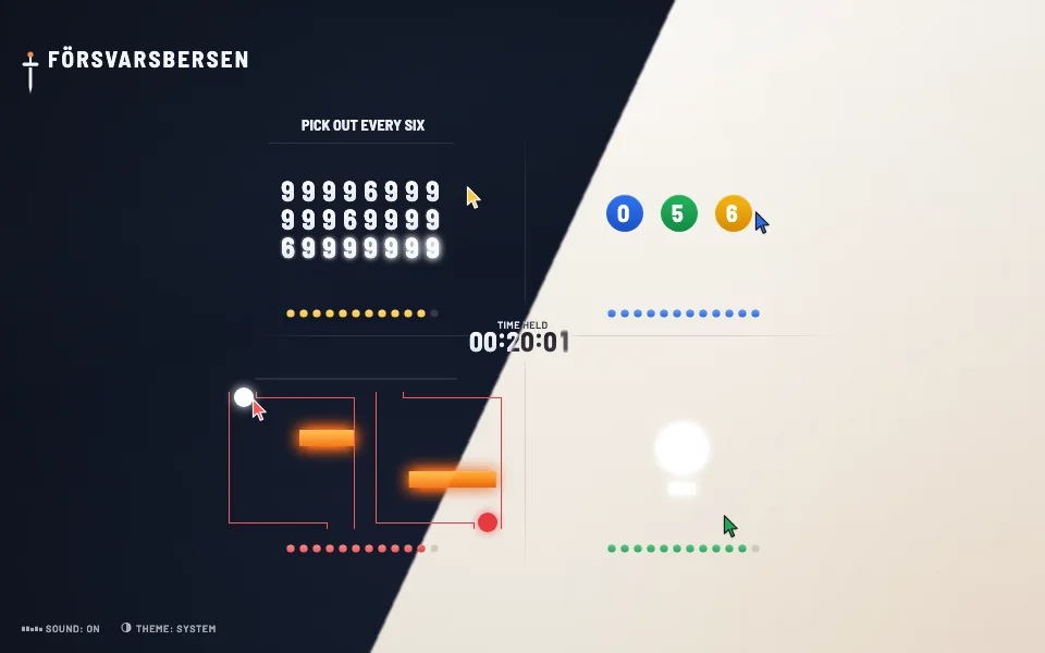 Försvarsbersen V2 mid-test, split between the dark and the light theme: digit grid, number circles and the maze around the team clock.